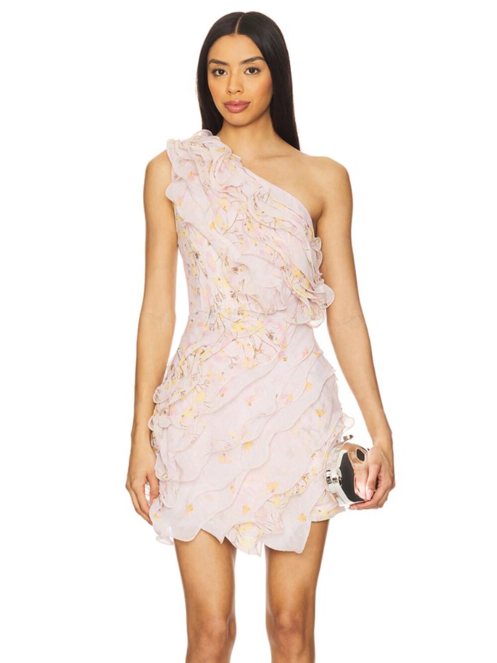 ELLIATT Tulsia Mini Dress in Light Pink Multi Ruffle One Shoulder XS
